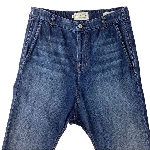 NILI LOTAN Size 25 Paris Crop Drop Crotch Jeans Tapered Leg Blue Denim Raw Edge - Picture 4 of 14